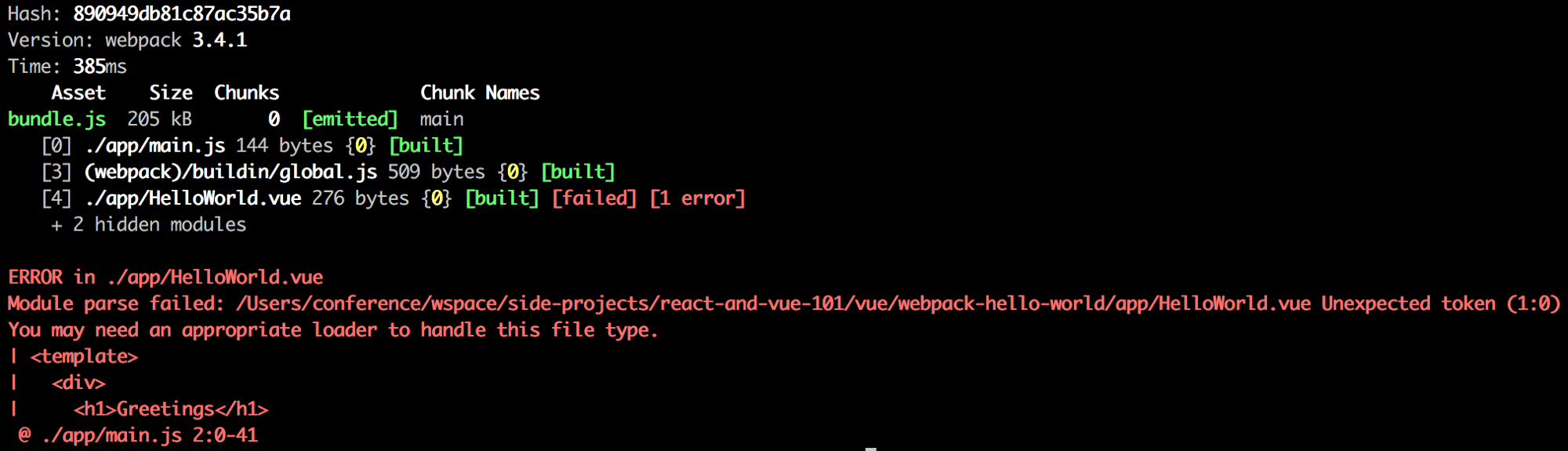 Webpack output indicating that an error occured during the bundle attempt